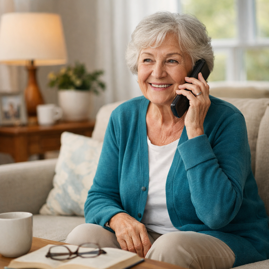 Older adult at home having a warm remote conversation with family