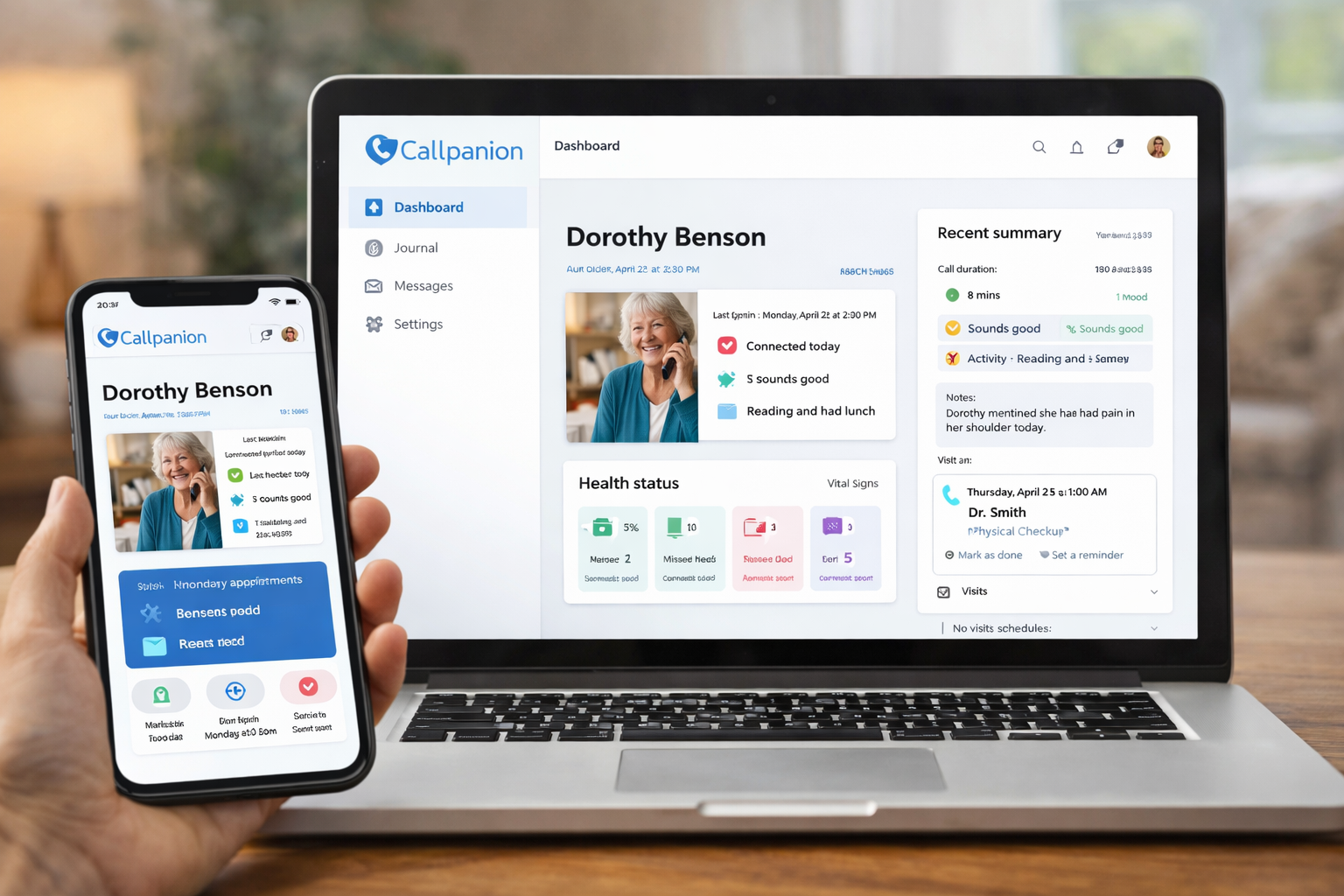 CallPanion® family dashboard shown on laptop and mobile