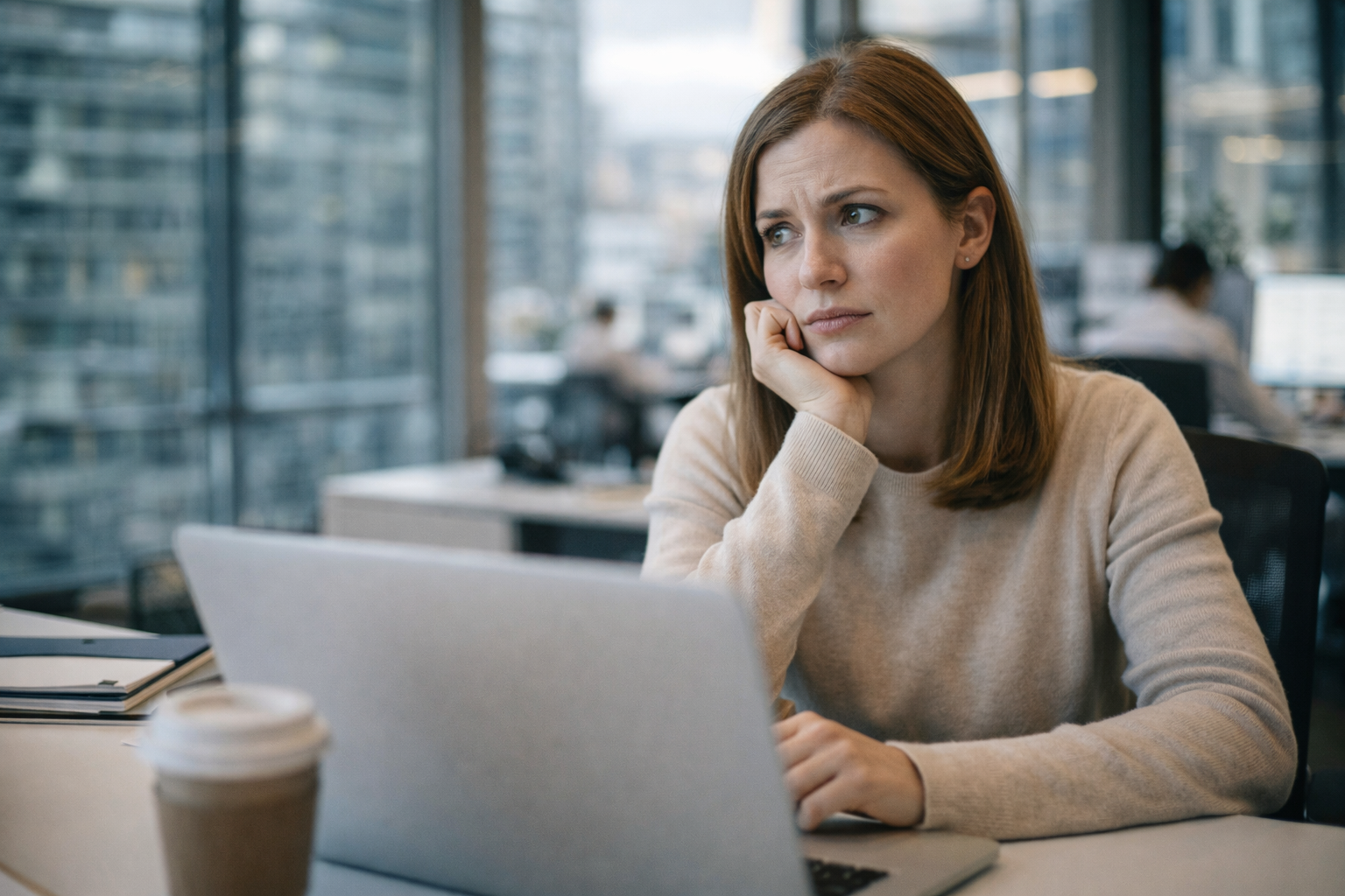 Adult family member looking thoughtfully at a phone while caring from a distance