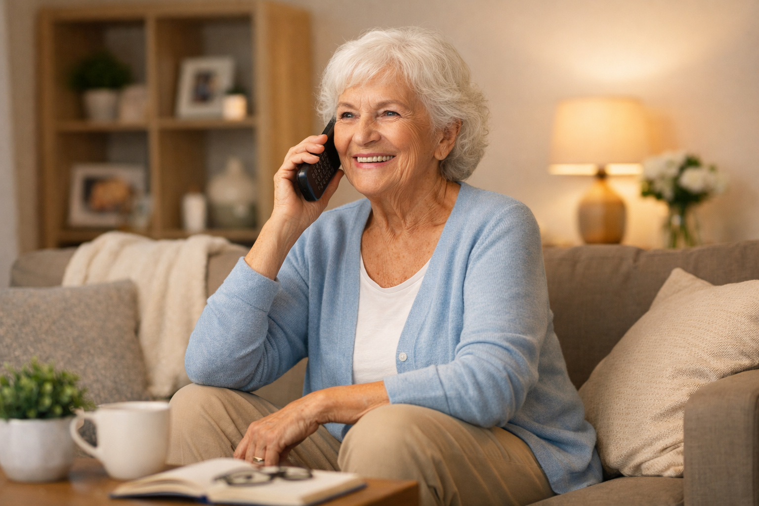 Older adult living independently at home in a calm, comfortable setting